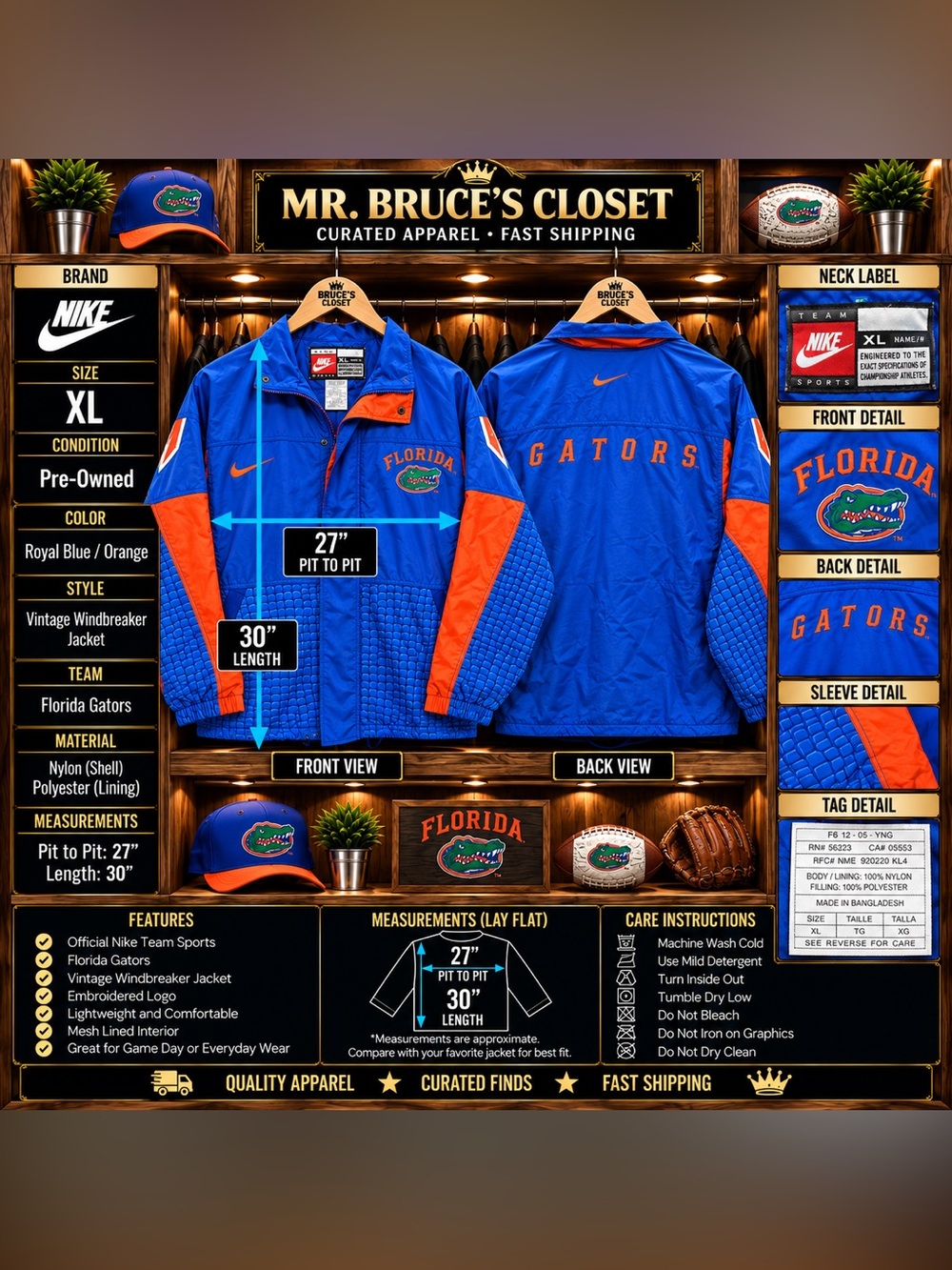 Vintage Nike Florida Gators Jacket XL Blue Orange Team Sports Windbreaker NCAA